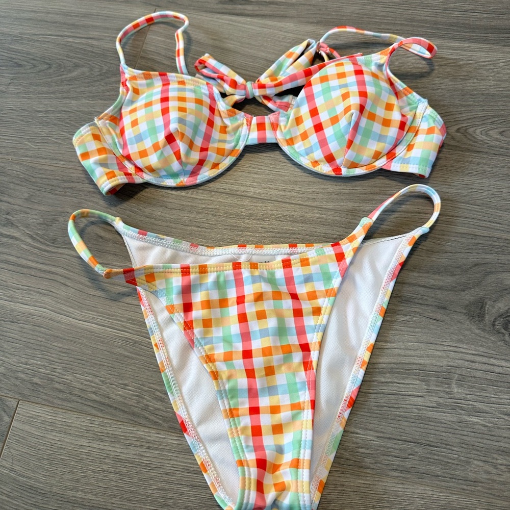 SHEIN Multicolor Plaid Push-Up Bikini Set - Red, Orange, Yellow, Blue, Green